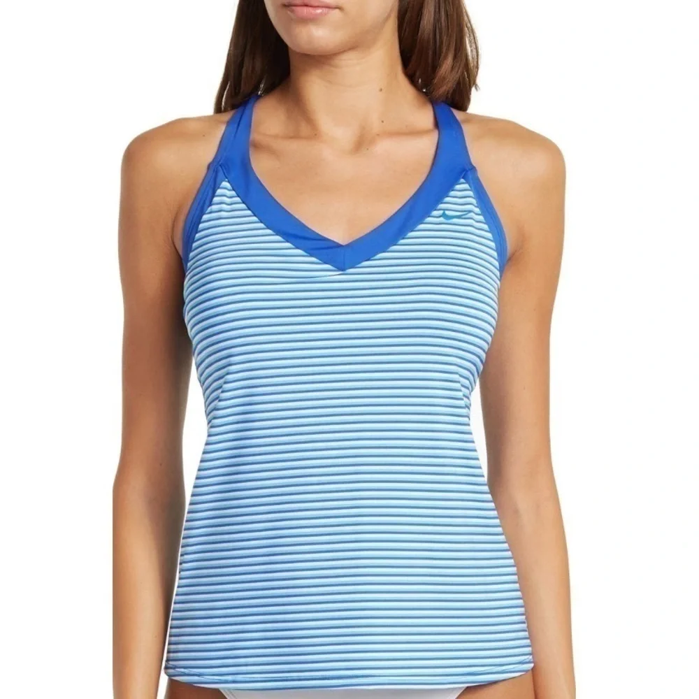 NIKE Stripe V-Neck Hyper Royal Blue Stripe Tankini Top - Size Medium, NWT